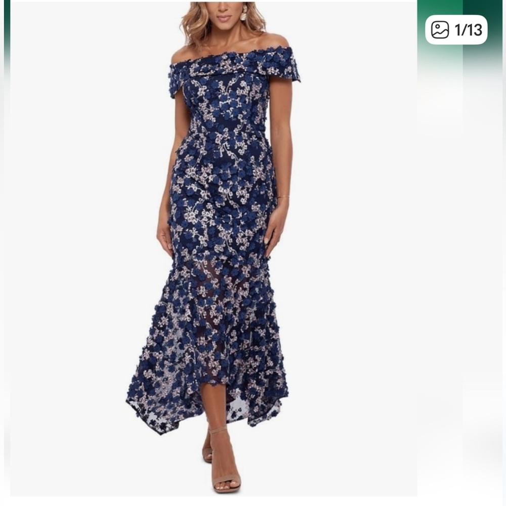 Xscape Navy and Cream Floral Dress